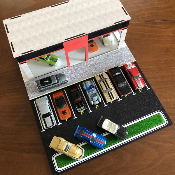 1:64 Hotwheels Diorama Car Park Service Garage Personnalisable - Showroom à vendre - Hotwheels Matchbox Greenlight etc.