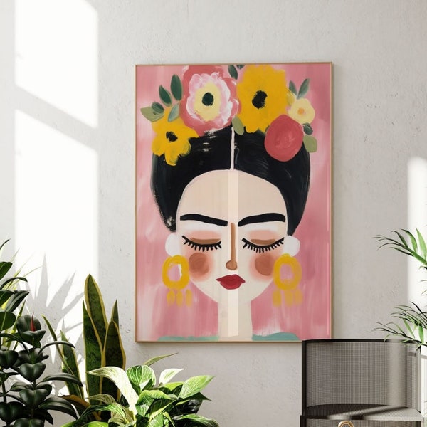 Frida Kahlo Poster, Selbstportrait Print, feministische Wandkunst, Girl Power Print, |HIGH QUALITY POSTER| Pink Boho Home Decor, Blumen Poster