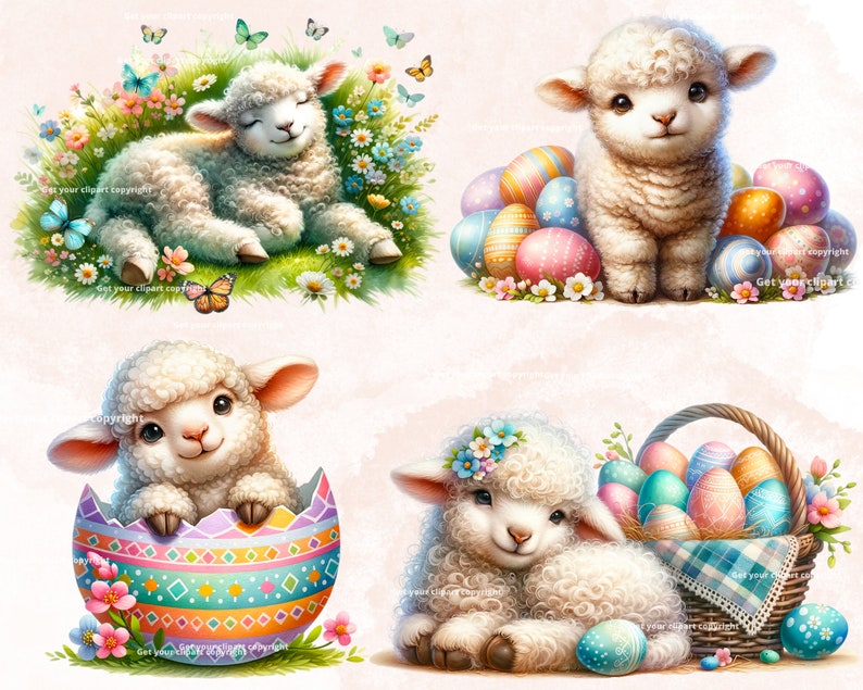 Pu&ograve; includere: Quattro adorabili agnelli bianchi con pelliccia soffice sono circondati da uova di Pasqua colorate. Un agnello &egrave; sdraiato in un campo di erba verde e fiori, un altro &egrave; seduto su un mucchio di uova, un terzo &egrave; seduto all'interno di un uovo di Pasqua decorato e il quarto &egrave; seduto accanto a un cesto di uova.