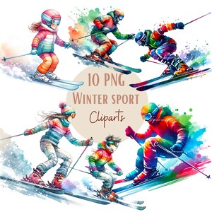 Set di illustrazioni di sciatori, clipart invernali per tutti i tuoi progetti creativi e professionali, uso commerciale incluso