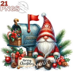 Ensemble d'illustrations de boites à lettres de Noël, Cliparts de gnomes façon aquarelle pour tous vos projets créatifs