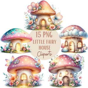 May include: 15 PNG clip art images of little fairy houses. Each house is a mushroom with a pink and white cap and a small white house with a door and windows. The houses are surrounded by flowers and butterflies.
