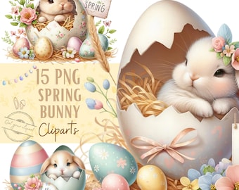 Easter bunny in an eggshell clipart bundle, Easter clipart, Easter graphics, Easter designs, With transparent background and commercial use