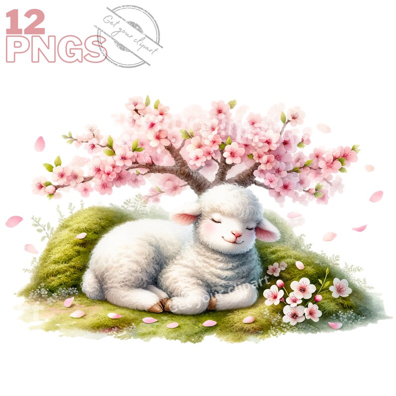 Pu&ograve; includere: Un agnello bianco con gli occhi chiusi dorme sotto un ciliegio in fiore rosa su un letto di muschio verde. I petali dei fiori rosa cadono dall'albero.
