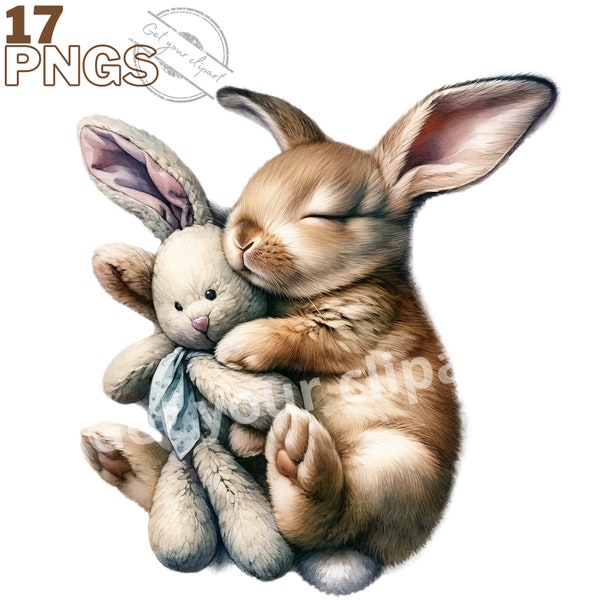 Cuddly bunny clipart bundle, Cute bunny Pngs, Spring designs, Watercolor bunny graphics, with Transparent background and Commercial use