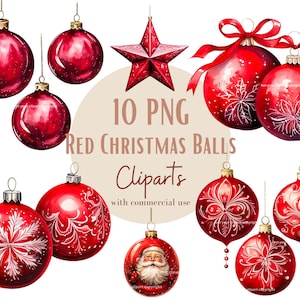 Ensemble d'illustrations de boule noël rouges, Cliparts de noël façon aquarelle pour tous vos projets créatifs et professionnels