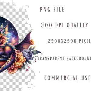 May include: A purple and blue dragon with a galaxy pattern, wearing a floral crown, surrounded by flowers. The dragon is curled up in a crescent moon shape.