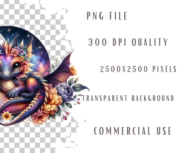 May include: A purple and blue dragon with a galaxy pattern, wearing a floral crown, surrounded by flowers. The dragon is curled up in a crescent moon shape.