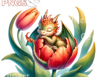 Dragons and flowers Clipart Bundle, Cute baby dragon, Baby dragon png, Dragon watercolor, Fantasy clipart, With commercial use, Set of 20