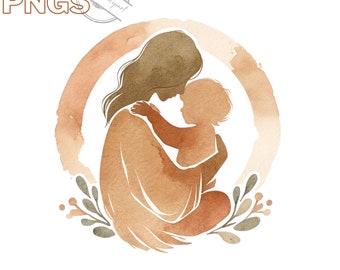 Puede incluir: Ilustración de acuarela de una madre y un niño en un círculo con un fondo de acuarela. La madre está sosteniendo al niño en sus brazos. El texto "happy mother's day" está debajo de la imagen.