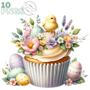 Ensemble d'illustrations de Cupcakes de Pâques et de printemps, Cliparts de cupcakes façon aquarelle pour tous vos projets créatifs