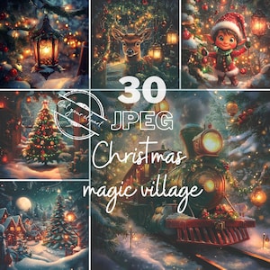 Ensemble d'illustrations numériques de village magic de Noël au format JPEG pour tous vos projets créatifs, usage commercial inclus