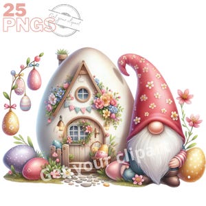 Set di illustrazioni di gnomi pasquali, clipart da giardino per tutti i tuoi progetti creativi, uso commerciale incluso
