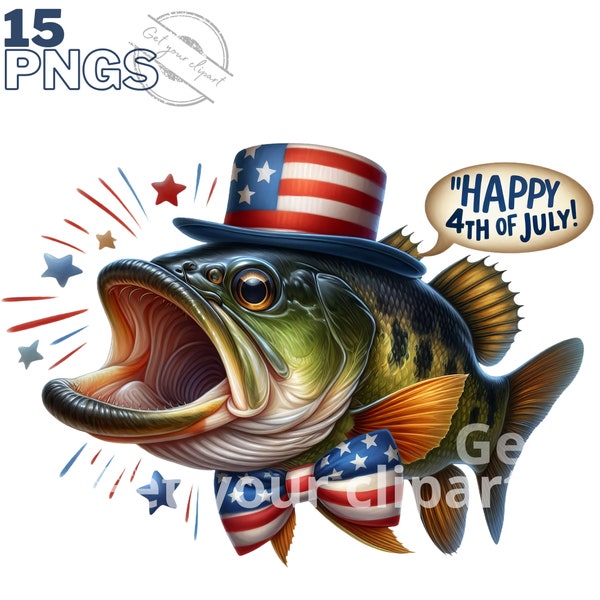 Ensemble d'illustrations de poissons 4th of July, cliparts patriotiques pour tous vos projets créatifs, usage commercial inclus