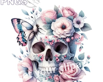 Floral Skull clipart bundle, Skull png designs, Floral clipart, Flowers, Moth graphics, Transparent background, Commercial use