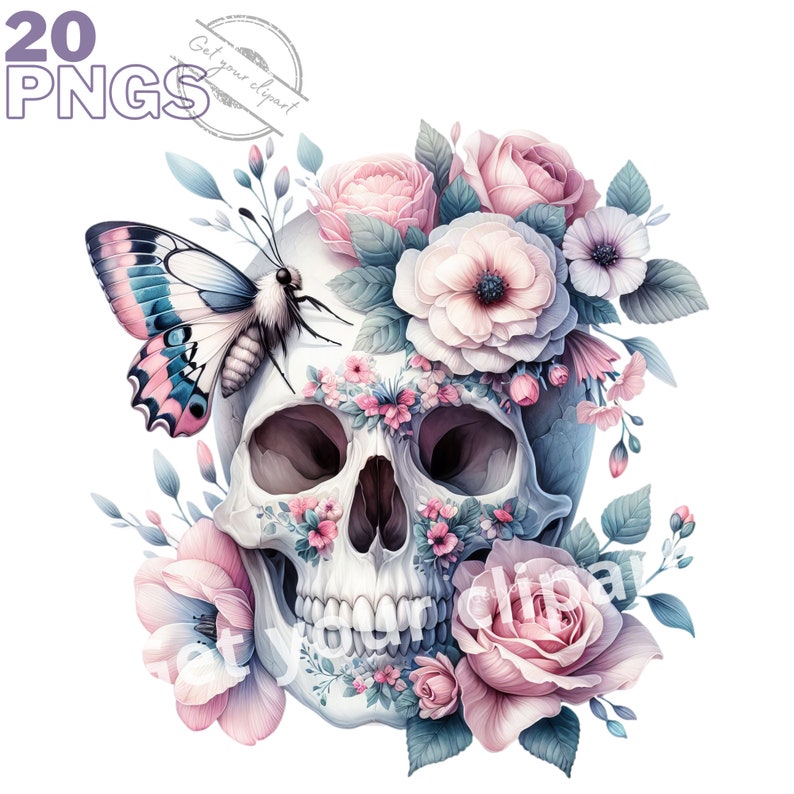 May include: A white skull with pink and blue flowers, a butterfly, and green leaves. The skull has a detailed design and is surrounded by a variety of flowers.