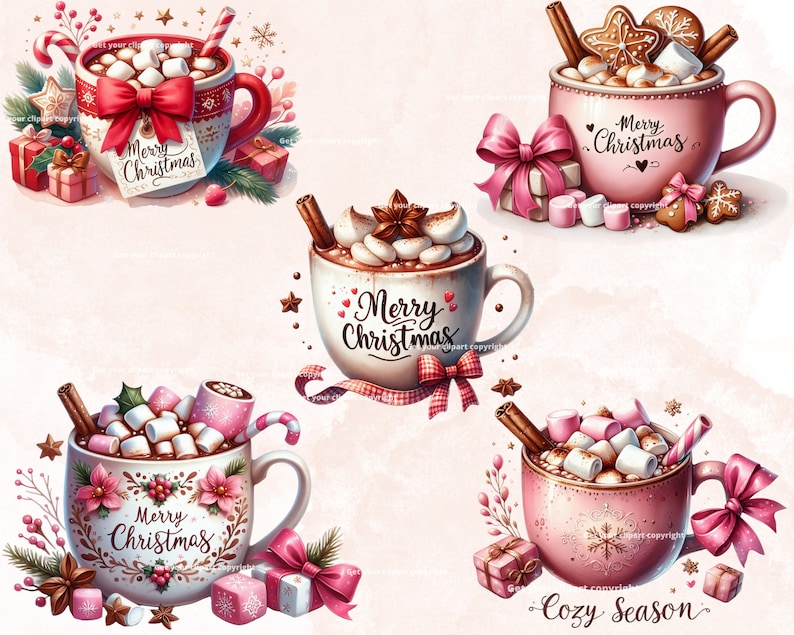 May include: Four mugs of hot chocolate with marshmallows and cinnamon sticks. Each mug has a different design and says "Merry Christmas" on it. The mugs are surrounded by festive decorations such as candy canes, gift boxes, and holly.
