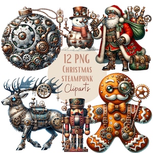Ensemble d'illustrations de Noël steampunk, Cliparts de noël façon aquarelle pour tous vos projets créatifs et professionnels
