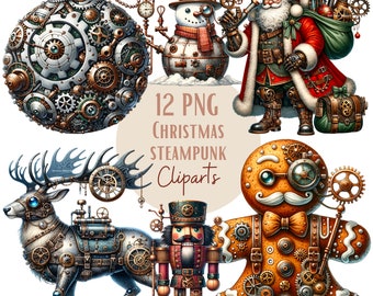 Christmas steampunk clipart bundle, Christmas png bundle, Commercial Use, Set of 12