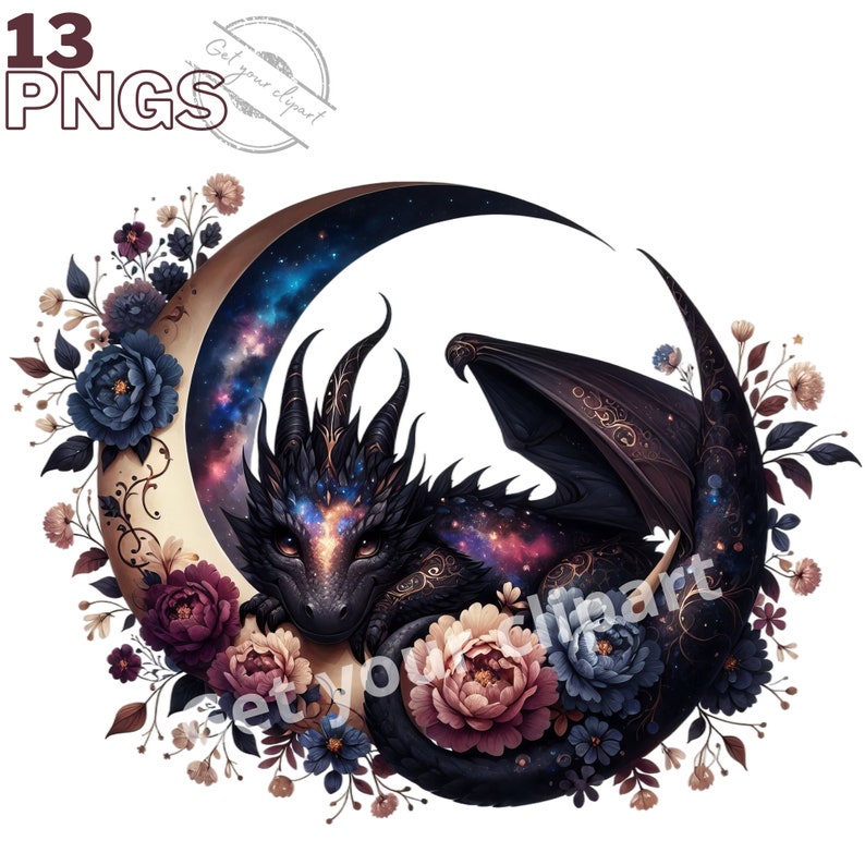 May include: A black dragon with gold accents curled around a crescent moon with a galaxy design. The moon is surrounded by a floral arrangement with blue, pink, and white flowers.