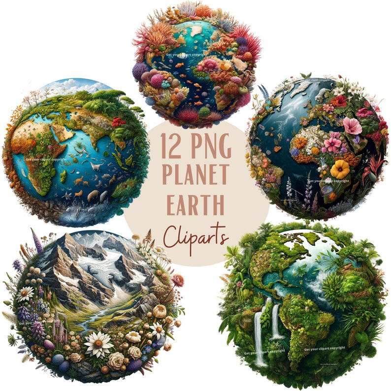 Peut inclure: Douze illustrations num&eacute;riques de la Terre avec diff&eacute;rents biomes et paysages. Chaque illustration pr&eacute;sente un globe circulaire avec un environnement unique, notamment des r&eacute;cifs coralliens, des montagnes, des for&ecirc;ts et des cascades. Les illustrations sont parfaites pour le scrapbooking num&eacute;rique, la conception graphique et les projets &eacute;ducatifs.