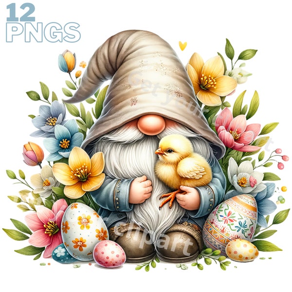 Ensemble d'illustrations de gnomes de Pâques, Cliparts de jardin pour tous vos projets créatifs, usage commercial inclus