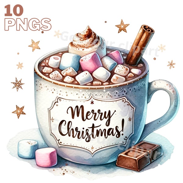 Christmas drinks watercolor clipart bundle, Christmas png bundle, Coffee png graphics, Set of 10, Transparent Background, Commercial Use,