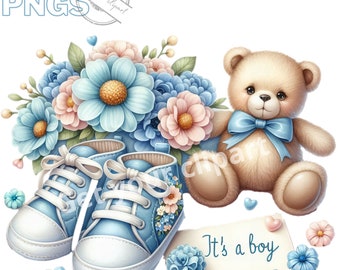 Baby boy shoes Clipart bundle, Birth announcement clipart, Babyshower png, gender reveal party png, Transparent background, Commercial use