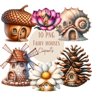 Conjunto de ilustraciones de casas de hadas, imágenes prediseñadas de hadas para todos tus proyectos creativos y profesionales, uso comercial incluido