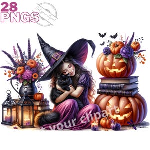 Ensemble d'illustrations de sorcières d'Halloween, cliparts d'automne pour tous vos projets créatifs, usage commercial inclus