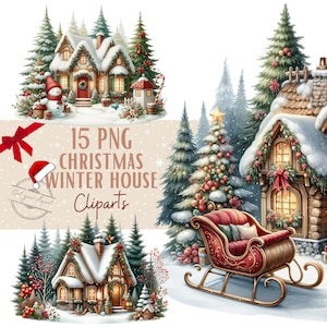 Images de chalets de Noël, Forêt de Noël, images PNG d'hiver pour vos projets créatifs ou professionnels, usage commercial inclus