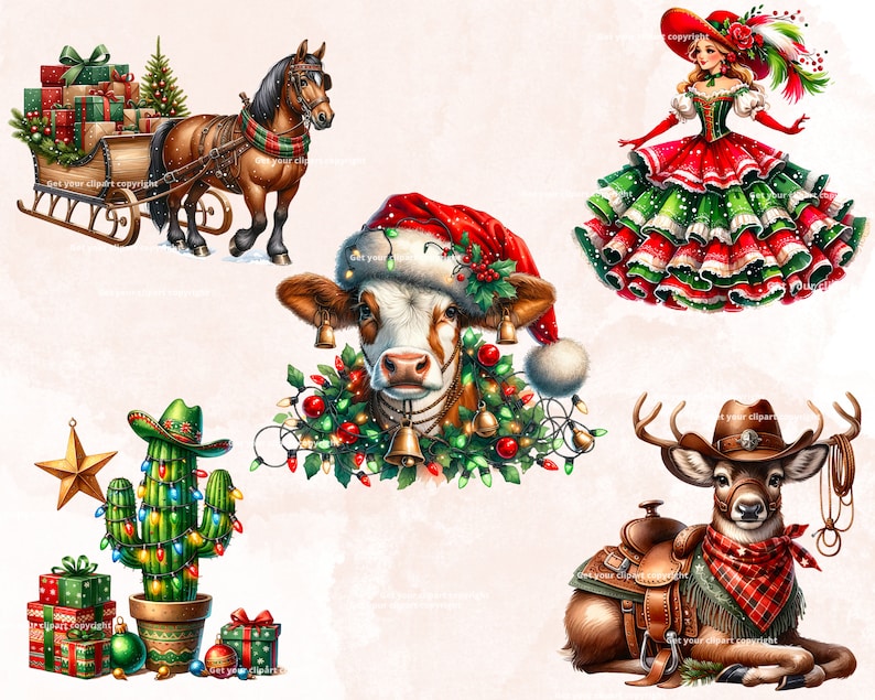 Op de afbeelding: Een set digitale illustraties met een kerstthema met een koe met een rode kerstmanmuts, een rendier met een rood-zwarte bandana, een cactus met kerstverlichting, een paard dat een slee vol cadeaus trekt en een vrouw in een rood-groene jurk.