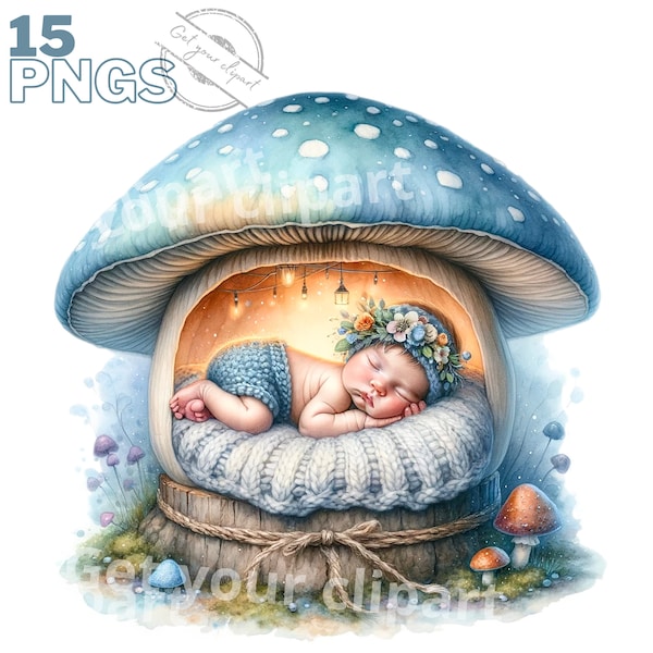 Set mit Illustrationen süßer Babys in einem Pilz für die Babyparty, Cliparts im Aquarellstil für alle Ihre kreativen Projekte