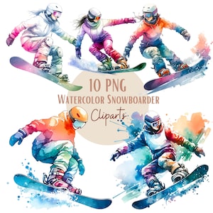 Zestaw ilustracji snowboardzistów, zimowych clipartów do wszystkich kreatywnych i profesjonalnych projektów, w tym do użytku komercyjnego
