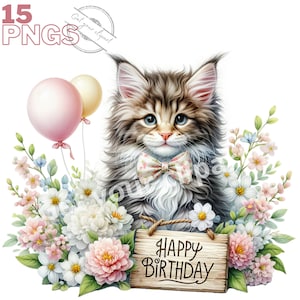 Ensemble d'illustrations de chatons d'anniversaire, Cliparts de chatons Maine Coon façon aquarelle pour tous vos projets créatifs