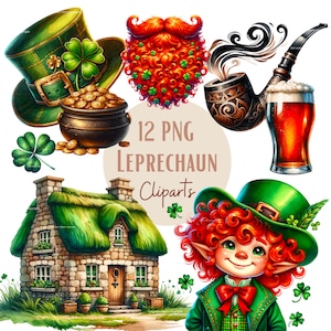 Ensemble d'illustrations de lutin Leprechaun, Cliparts de lutin façon aquarelle pour tous vos projets créatifs et professionnels