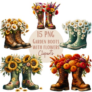 May include: Fifteen digital clipart images of garden boots with flowers. The boots are in various styles and colors, including brown leather, green rubber, and floral patterns. The flowers are also in various colors and styles, including daisies, sunflowers, and dahlias.