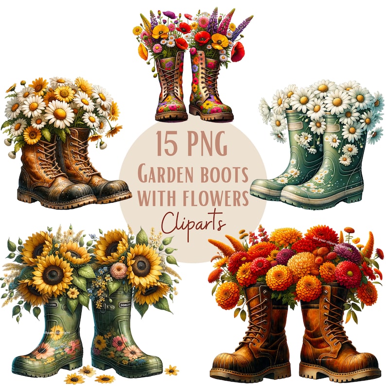May include: Fifteen digital clipart images of garden boots with flowers. The boots are in various styles and colors, including brown leather, green rubber, and floral patterns. The flowers are also in various colors and styles, including daisies, sunflowers, and dahlias.