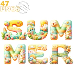 Conjunto de letras del alfabeto de verano, imágenes prediseñadas de verano para todos sus proyectos creativos y profesionales, uso comercial incluido