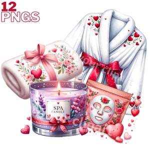 Ensemble d'illustrations de Spa pour la Saint-Valentin , Cliparts romantiques façon aquarelle pour tous vos projets créatifs
