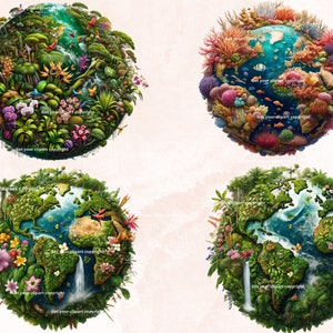 Peut inclure: Quatre illustrations de la Terre, chacune repr&eacute;sentant un biome diff&eacute;rent. L'image en haut &agrave; gauche montre une for&ecirc;t tropicale luxuriante avec des cascades et des plantes exotiques. L'image en haut &agrave; droite montre un r&eacute;cif corallien vibrant avec des poissons et des coraux color&eacute;s. L'image en bas &agrave; gauche montre une for&ecirc;t verte avec une cascade et un oc&eacute;an bleu. L'image en bas &agrave; droite montre une for&ecirc;t verte avec une cascade et un oc&eacute;an bleu.