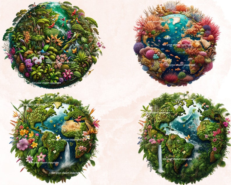 Peut inclure: Quatre illustrations de la Terre, chacune repr&eacute;sentant un biome diff&eacute;rent. L'image en haut &agrave; gauche montre une for&ecirc;t tropicale luxuriante avec des cascades et des plantes exotiques. L'image en haut &agrave; droite montre un r&eacute;cif corallien vibrant avec des poissons et des coraux color&eacute;s. L'image en bas &agrave; gauche montre une for&ecirc;t verte avec une cascade et un oc&eacute;an bleu. L'image en bas &agrave; droite montre une for&ecirc;t verte avec une cascade et un oc&eacute;an bleu.