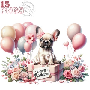 Ensemble d'illustrations de Bulldog français d'anniversaire, Cliparts de chiens façon aquarelle pour tous vos projets créatifs