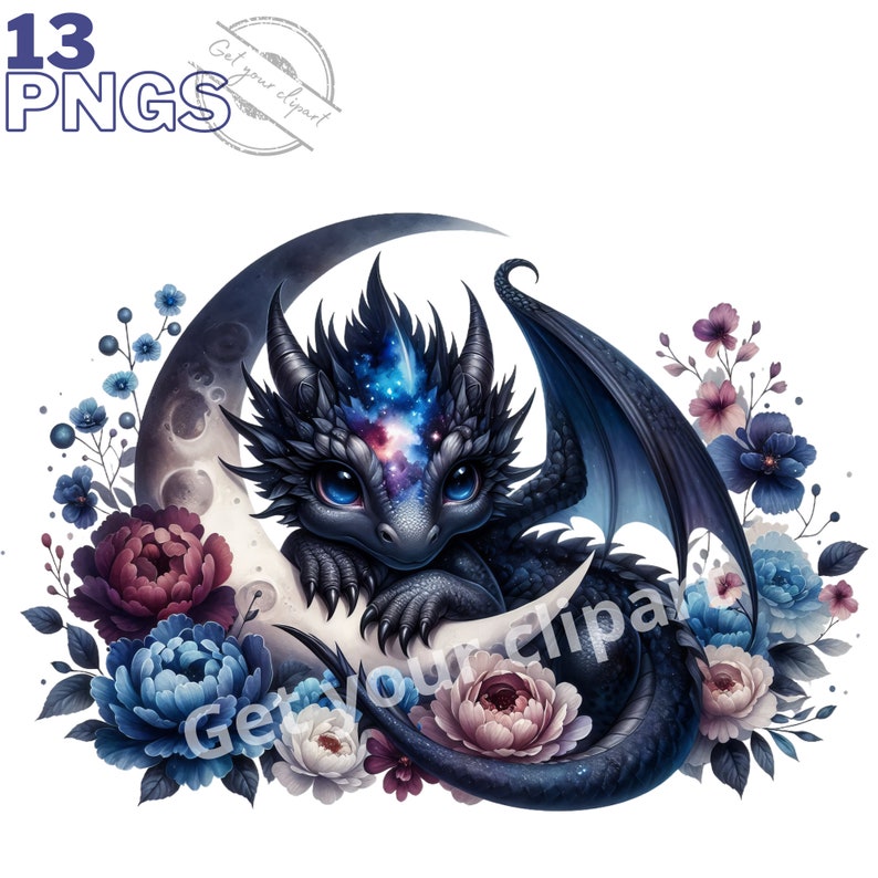 May include: A small, black dragon with a galaxy-like pattern on its head, nestled in a crescent moon with blue and pink flowers surrounding it.