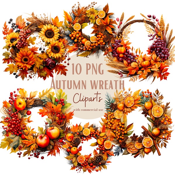 Fall wreath clipart bundle, Thanksgiving wreath designs, Floral wreath png graphics, Sunflower wreath graphics, Transparent background