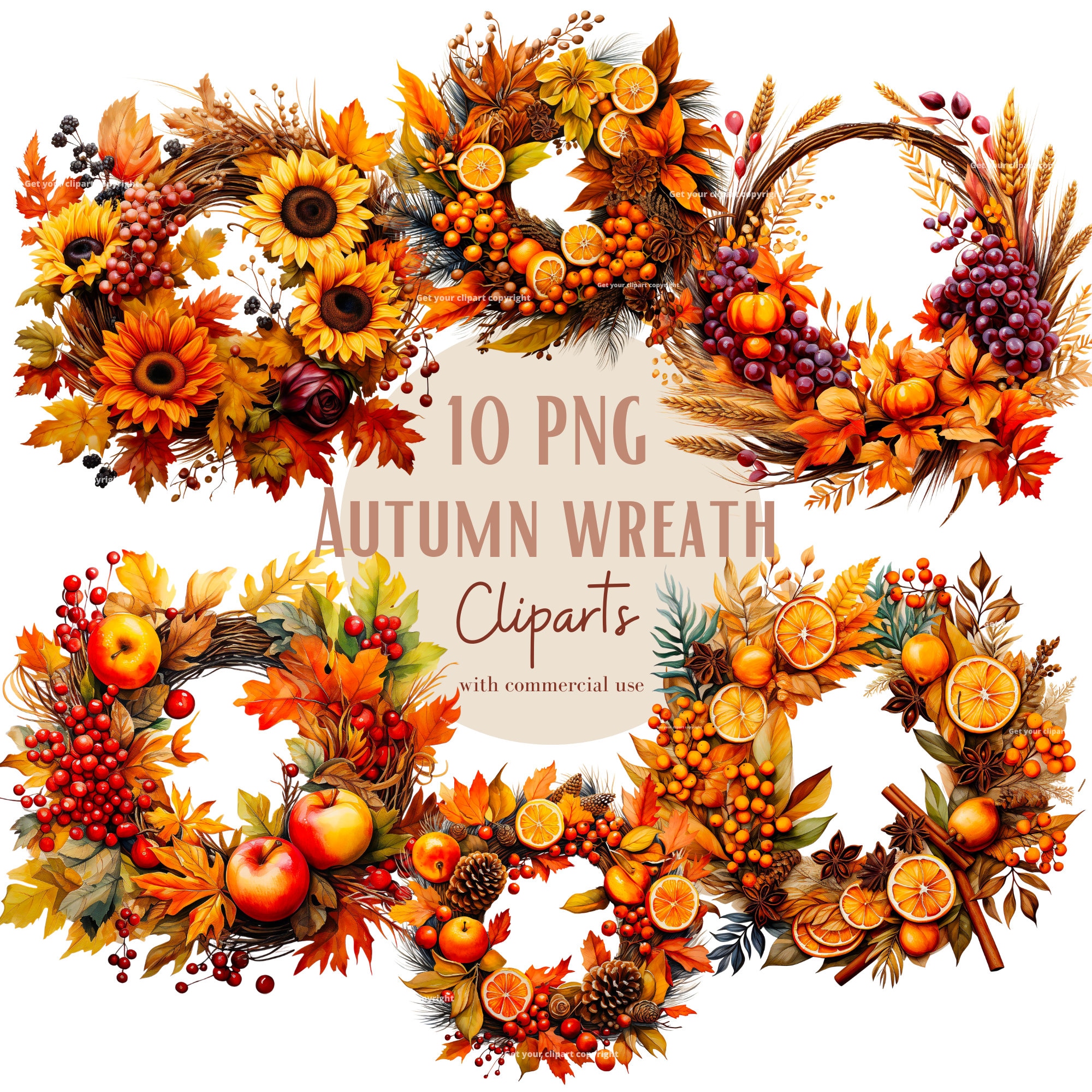Fall Wreath Clipart Bundle, Thanksgiving Wreath Designs, Floral Wreath ...