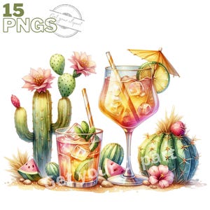 Ensemble de cliparts cocktails, image de cocktails PNG pour vos projets créatifs, usage commercial inclus, cliparts de cocktails aquarelle