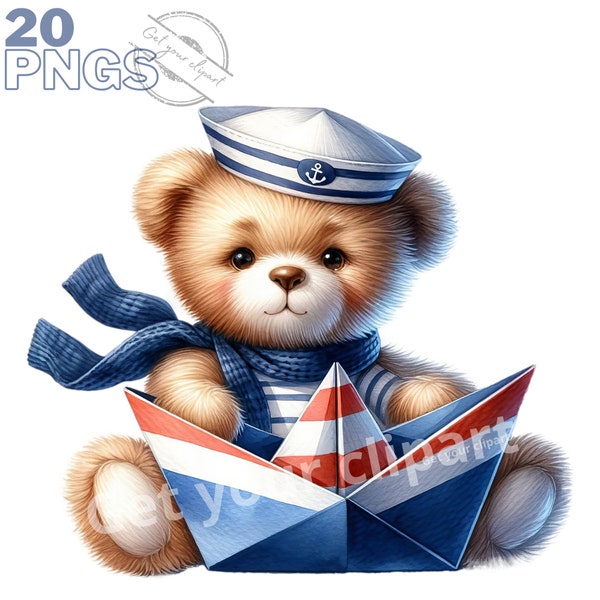 Nautical Teddy bear clipart, Nursery graphics, Nautical clipart, Teddy bear PNG transparent background, with commercial use