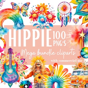 Ensemble d'illustrations Hippies, Cliparts hippies façon aquarelle pour tous vos projets créatifs et professionnels