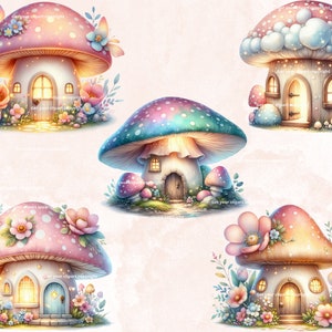 May include: Five whimsical mushroom houses with glowing windows and flower gardens. Each house has a unique design and color scheme, with pink, blue, and green accents. The mushrooms are surrounded by lush greenery and flowers.